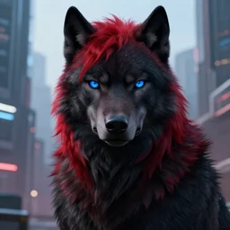 portrait of male anthropomorphic black humanoid wolf, red hair, blue eyes, in a futuristic city, hyper detailed, digital art, trending on artstation, cinematic lighting, studio quality, smooth render, unreal engine 5 rendered, octane rendered, 1 : 1 aspect ratio
