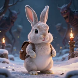 very epic close-up portrait of little bunny with a little backpack posing in the snow, winter scene fantasy, fireflies, torch light, scary creatures in background, intricate, elegant, highly detailed, centered, smooth, sharp focus, Donato Giancola, Joseph Christian Leyendecker, WLOP, Boris Vallejo, Artgerm