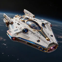art deco retro styled space ship in space designed by tesla, ultra high quality, photo realistic, trending on artstation, ornate details, octane render