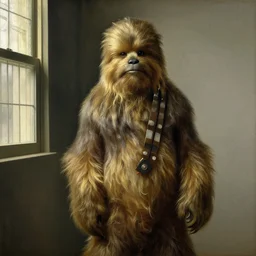 beautiful oil painting portrait of chewbacca in studio by vermeer, dutch baroque, beautiful natural light from window
