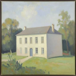 a beautiful painting of a building in a serene landscape by André LeBlanc