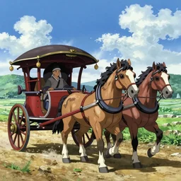 a chariot drawn by horses in japan, 1990s anime, full color,