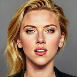 funny caricature painting of scarlett johansson, closeup of face, highly detailed, style by mahesh nambiar, archille superbi, carola rubio