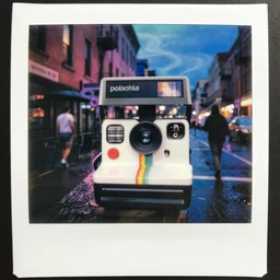 polaroid of punks on the lower east side, colorful, nighttime, raining!