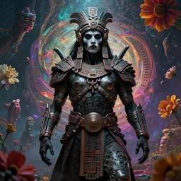 gothic mute hybrid cyborg warrior mayan warrior, cybor clothes shaping the universe, freedom fighter, eerie, cinematic, epic, 8 k, ultra realistic, rendered by awesomeness. a psychedelic apocalypse, illustration by albrecht durer, concept art in style of carne griffiths artwork by xsullo, background of beautiful floweres floatingby elson, peter kemp, peter