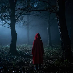 nighttime forest with fog, little red hiding hood, scary, dark