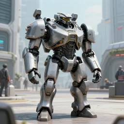 a film still from elysium by james paick - an armoured futuristic military mech - tank guardst a public center in a city, vibrant, 5 0 mm lens, video game environment design, behance hd, daytime, dramatic lighting, cinematic, global illumination, deviant art, trending on artstation, bloom