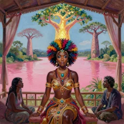 a regal and heroic african queen with a colorful afro sitting in a cabana near a larg near a pink river with a large glowing baobab tree, by amanda sage and alex grey and evgeni gordiets in a surreal psychedelic style, symmetrical, detailed eyes, oil on canvas 8k, hd