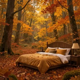 autumnal bedroom, warm glow, fall forest bedroom, fantasy, sylvain sarrailh, artstation, liam brazier, petros afshar, vibrant autumn grove, radiant light