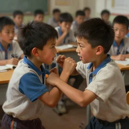 two kids fighting in a crowded classroom, digital painting, artstation, concept art, donato giancola, Joseph Christian Leyendecker, WLOP, Boris Vallejo, Breathtaking, 8k resolution, extremely detailed, beautiful, establishing shot, artistic, hyperrealistic, octane render, cinematic lighting, dramatic lighting, masterpiece, light brazen, extremely detailed and beautiful face