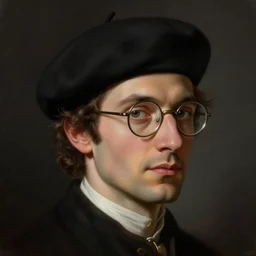 portrait of a male italian artist wearing a beret and glasses, intricate, elegant, highly detailed, digital painting, dark background, artstation, concept art, smooth, sharp focus, illustration, by greg rutkowski