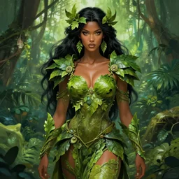 jungle queen, armor made of leaves and vines, green, black hair, brown skin, high fantasy, dnd, smooth, sharp focus, illustration, by rossdraws, alphonse mucha, frank fanzzeta