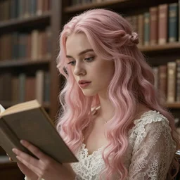cinestill 5 0 d portrait of a dreamy beautiful woman britt marling 3 / 4 by roversi taking a book in a dystopian fantasy library, long hair, wearing lace, 8 k, elegant, highly detailed, pale pink matt, soft blur, artstation, sharp focus, head in focus,