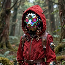 mystical monsters in forest hunting on gamekeeper - red ridding hood. she wearing a steampunk and neonpunk mechanical fluorescent mystical animal masks. realistic fornite style. full body. product introduction photos. luminescent, elements, hyperrealistic, volumetric lighting. epic cinematic shot, perfectly defined features, ambient occlusion