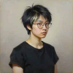 portrait of an asian trans girl with very short black hair bleached at the tips, bedhead, wearing glasses, wearing a black t-shirt, oil on canvas, elegant pose, masterpiece
