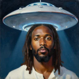 a UFO beside the head an African Jesus, portrait painting by Hsiao-Ron Cheng,