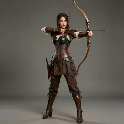 full length portrait photograph of a real-life beautiful woman steampunk archer.  Extremely detailed. 8k