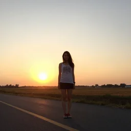 A vibrant photograph of a young woman, wide shot, outdoors, sunset photo at golden hour, wide-angle lens, soft focus, shot on iPhone 6, on Flickr in 2007.
