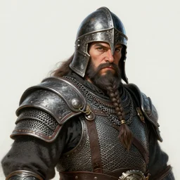 attractive male dwarf warrior with a braided goatee wearing chainmail armor and helmet, character portrait, concept art, intricate details, highly detailed photorealistic portrait in the style of brom and greg rutkowski and seseon yoon, digital art, realistic painting, dnd, character design, trending on artstation