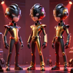 three views cartoon character design by artgerm, cushart krenz, zeronis, donato giancola and greg rutkowski. future head set!! black tape project show attctive showgirl!! full body!! sharp edge. ultra clear detailed. contour light effect!! 8 k. red, golden and black. stage light. octane render.