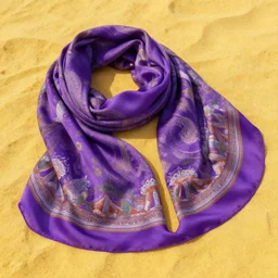 purple silk scarf on yellow sand, vibrant colors, dreamy atmosphere, by rembrandt and max hay, intricate, detailed, photorealistic imagery, artstation