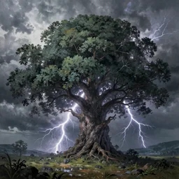 a beautiful painting of a huge tree of storm, foliage made of stormy clouds and lightnings, epic, fantasy, high definition, cinematic shot, hiroshi yoshida, artstation