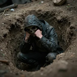 tilt shift plague doctor pondering over a dug out trench, dramatic light, zdzidaw