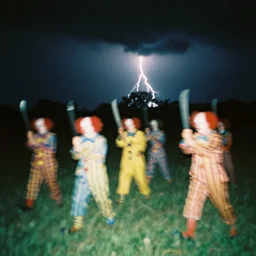 distorted 1 3 mm film photograph of a group of clowns in a field holding machetes at night, liminal, dark, thunderstorm, dark, flash on, blurry, grainy, ominous lighting