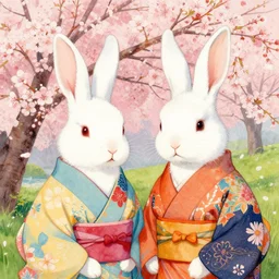 ink on paper portrait of two white bunnies in colorfull kimonos in the foreground of a surreal environment with cherry blossoms by greg rutkowski and michael whelan