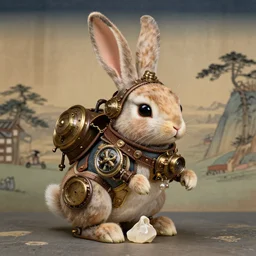 steampunk animatronic in the shape of a rabbit, japanese painting, highly detailed