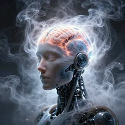 robot cyborg head, portrait, artificial consciousness, delirium, chaotic storm of twisting liquid smoke, by tom whalen, dan mumford, liam brazier, peter mohrbacher, anato finnstark, swirling fluid smokey enigma, radiant light