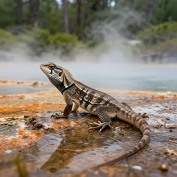 highly detailed photograph of a lizard in a steaming colorful hotspring with woodland forest backdrop, featured on artstation