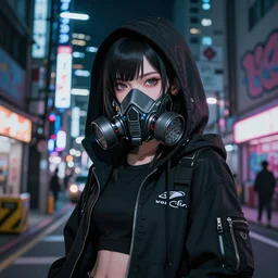 cyberpunk anime girl in hoodie, cyberpunk gas mask, potrait, street night, grafity, beautiful face, grafity, arcane, action, tokyo street, detail, good facepose model, concept art, in style of arcane, in style of yoji shinkawa, pan ren wei, col price, atey ghailan, by greg rutkowski, aesthetic
