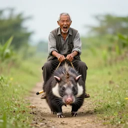 an elderly man, screaming, riding a possum, bold natural colors, national geographic photography, masterpiece, 8 k, raw, unedited, symmetrical balance