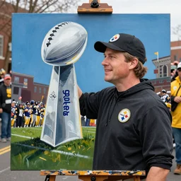 Airbrush painting of coach Tomlin at a parade celebrating the Steelers winning the SuperBowl