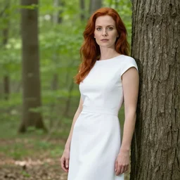 a beautiful red-haired woman wearing a white gown, stands in a bright forest leaning against a tree, professional photographic lighting, by Marina Abramovic
