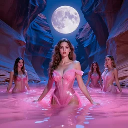 princess emerging from pink water in cyberpunk theme during a blood moon by the edge of a royal blue antelope canyon by conrad roset, nicola samuri, dino valls, m. w. kaluta, rule of thirds, seductive look, beautiful
