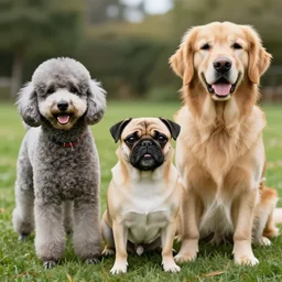 photorealistic picture of 1 poodle 1 puggle and 1 golden retriever