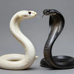 portrait white rattlesnake, left, butting heads with a black king cobra, right, symmetrically intricate artwork by artgerm, greg rutkowski, and kilian eng, symmetrical!!! digital illustration, hyper detailed!!!, super sharp, crisp, smooth, vibrant colors!!! smooth gradients!!!! depth of field, aperture f 1. 2