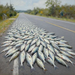 a million fish on the side of the road oil painting