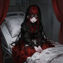 illustration of a sick girl at the hospital, gothic aesthetic, black and red tones, illustrated by trevor brown, pixiv, danbooru