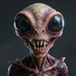 portrait of a space alien, huge insect eyes, horror meat monstrosity sharp teeth, octane render, realistic render, detailed, ugly, slimy unreal engine, symmetrical face, greg rutkowski and ruan jia, cinematic
