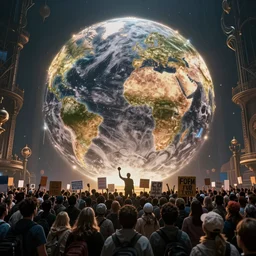 everybody in the world collected for a protest march, trending on art station, global illumination, radiant light, detailed and intricate environment
