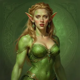 portrait of scarlett johansson as a goblin, d & d, muscular! green, fantasy, intricate, elegant, highly detailed, digital painting, artstation, concept art, smooth, sharp focus, illustration, art by artgerm and greg rutkowski and alphonse mucha
