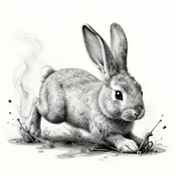 pointillism art of a rabbit character rolling in flowing ink, splatters of monochromatic paint and colors flowing beautifully, digital art masterpiece, surreal art