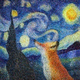 a painting of a fox looking up at the colourful galaxy in the style of Starry Night, highly detailed, trending on artstation