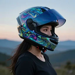 a woman wearing a helmet which has neon on it very detailed with a great landscape, artstation unreal in portrait