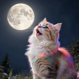 of a very proud fluffy rainbow kitten howling at moon with a glowing rainbow aura