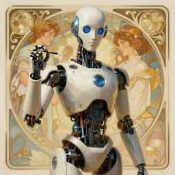 a portrait of robot painting, highly detailed, digital painting, artstation, concept art, sharp focus, illustration, art by artgerm, greg rutkowski and alphonse mucha