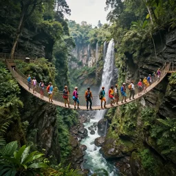 wide angle view of colorful clothing fashion models crossing a suspended rope bridge over a deep canyon, mountainous jungle setting, trees, waterfall, river, rocks, dramatic lighting, highly detailed, artstation, unreal engine, matte painting in the style of craig mullins, Uncharted 4, fish eye lens, 8k HDR